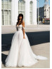 Off Shoulder Beaded White Tulle Dreamy Wedding Dress